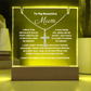 Stunning Square Acrylic with a beautiful heartfelt message to Mum. Includes a  stunning Cross Necklace. Acrylic comes with a stylish wooden LED base, and you can choose between a USB plug-in option OR a cordless battery-operated option. Cross features Stainless Steel Cross, Snake chain, Lobster clasp.  