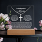 Show Mom how much you love her with this stunning Square Acrylic plaque paired with a beautiful Polished Stainless Cross Pendant Necklace. The beautiful Mom heartfelt message is showcased on crystal-clear acrylic with 7 colour LED lighting, making this set a striking focal point in any space. 