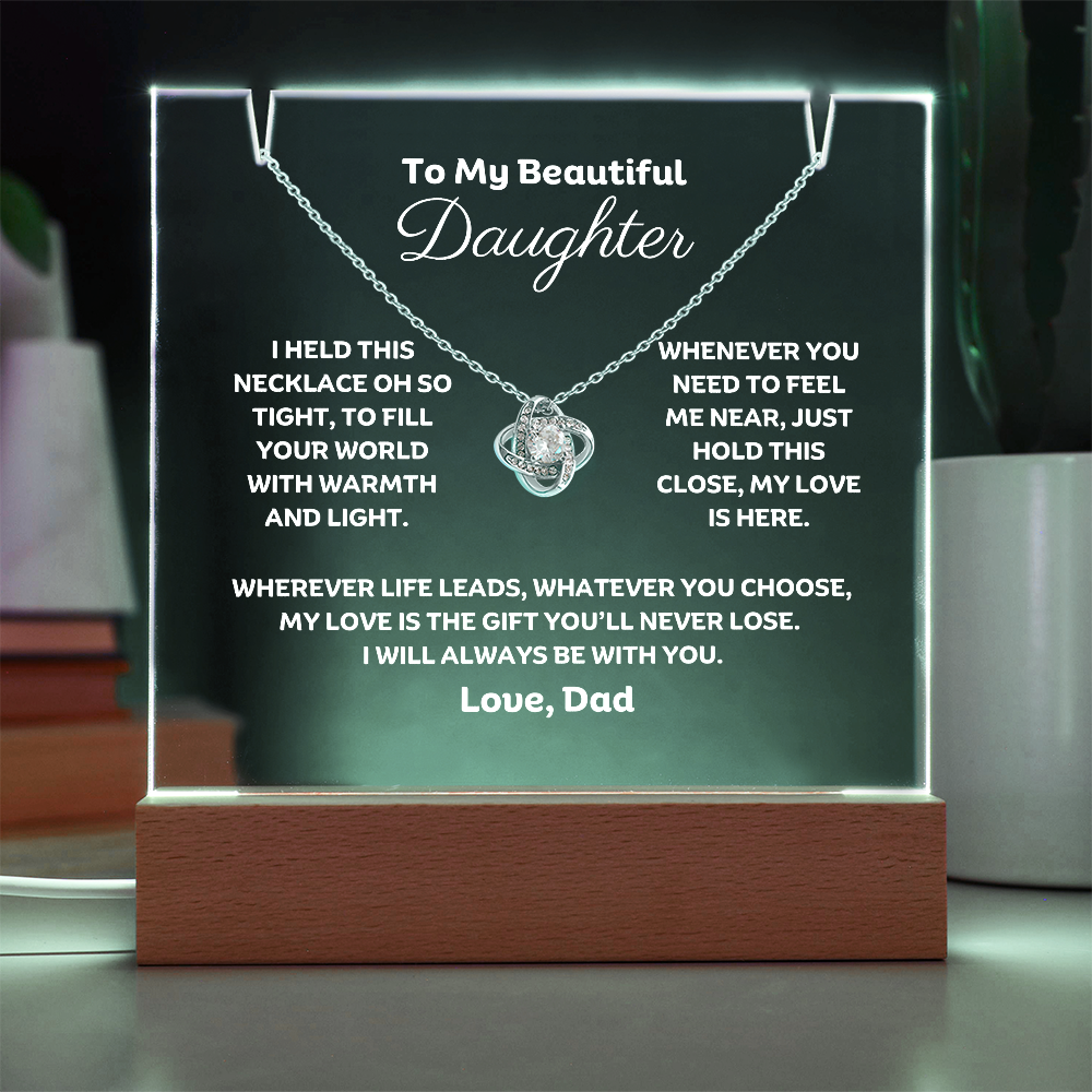 A stunning Square Acrylic and the beautiful Love Knot Necklace for Daughter. The heartfelt message is showcased on crystal-clear acrylic, making this set a striking focal point in any space. 14k white gold over stainless steel or 18k yellow gold over stainless steel with a 6mm round cut cubic zirconia stone.