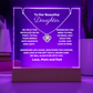 A stunning Square Acrylic and the beautiful Love Knot Necklace for Daughter. The heartfelt message is showcased on crystal-clear acrylic, making this set a striking focal point in any space. 14k white gold over stainless steel or 18k yellow gold over stainless steel with a 6mm round cut cubic zirconia stone.