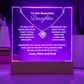 A stunning Square Acrylic and the beautiful Love Knot Necklace for Daughter. The heartfelt message is showcased on crystal-clear acrylic, making this set a striking focal point in any space. 14k white gold over stainless steel or 18k yellow gold over stainless steel with a 6mm round cut cubic zirconia stone.