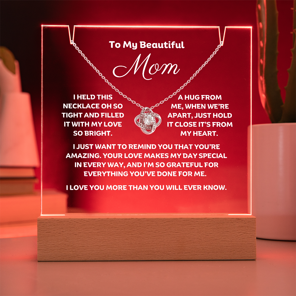 A stunning Square Acrylic and the beautiful Love Knot Necklace for Mom. The beautiful wife heartfelt message is showcased on crystal-clear acrylic, making this set a striking focal point in any space. Paired with the charming Love Knot Necklace.
