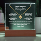 A stunning Square Acrylic and the beautiful Love Knot Necklace for Daughter. The heartfelt message is showcased on crystal-clear acrylic, making this set a striking focal point in any space. 14k white gold over stainless steel or 18k yellow gold over stainless steel with a 6mm round cut cubic zirconia stone.