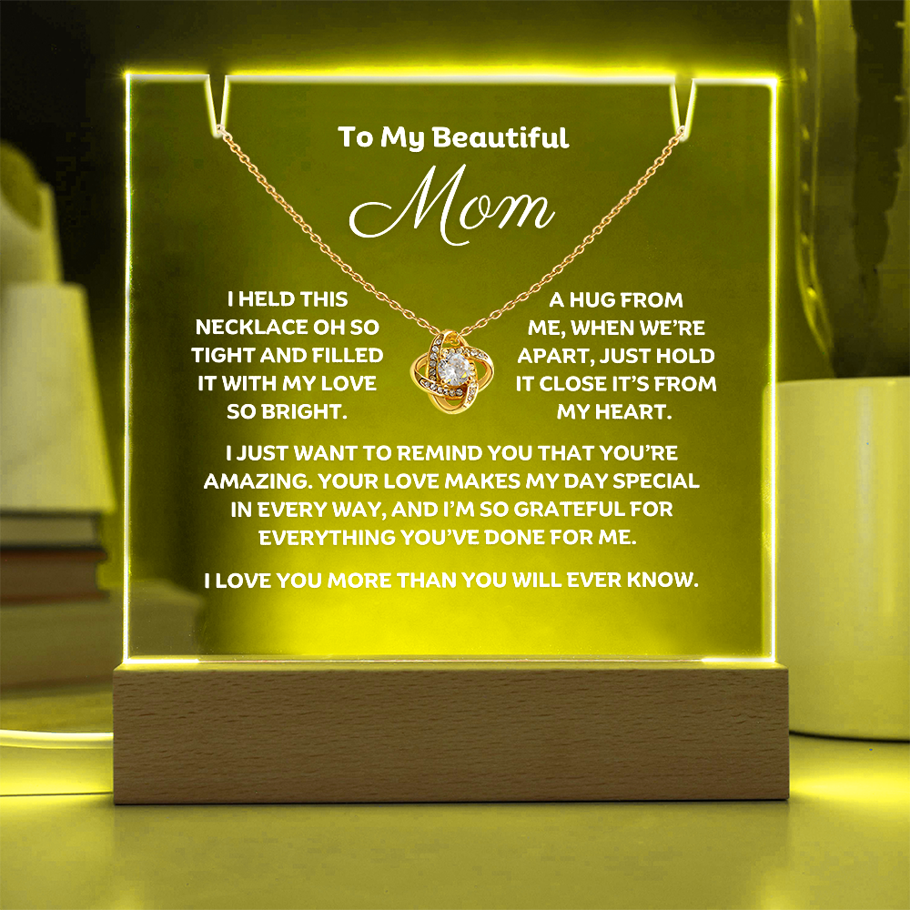 A stunning Square Acrylic and the beautiful Love Knot Necklace for Mom. The beautiful wife heartfelt message is showcased on crystal-clear acrylic, making this set a striking focal point in any space. Paired with the charming Love Knot Necklace.