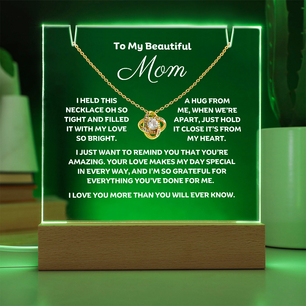 A stunning Square Acrylic and the beautiful Love Knot Necklace for Mom. The beautiful wife heartfelt message is showcased on crystal-clear acrylic, making this set a striking focal point in any space. Paired with the charming Love Knot Necklace.
