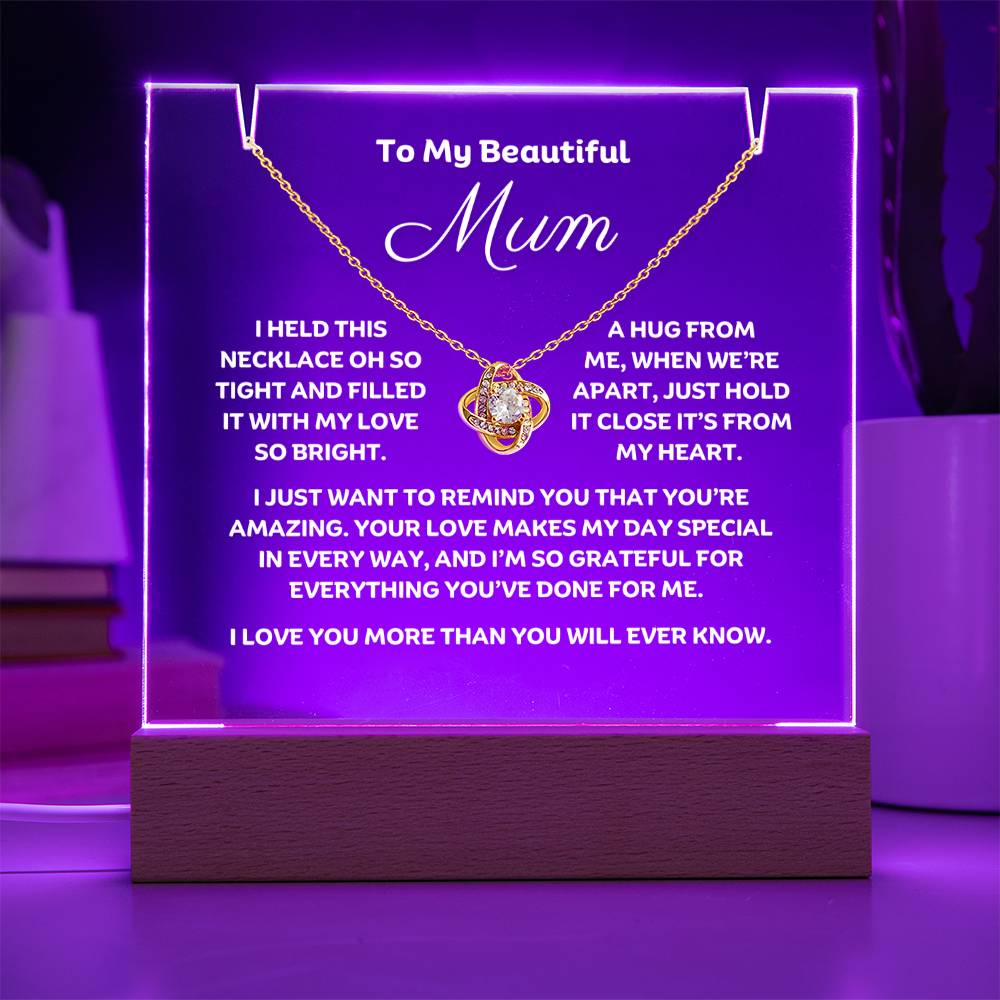 A stunning Square Acrylic and the beautiful Love Knot Necklace for Mum. The beautiful wife heartfelt message is showcased on crystal-clear acrylic, making this set a striking focal point in any space. Paired with the charming Love Knot Necklace.