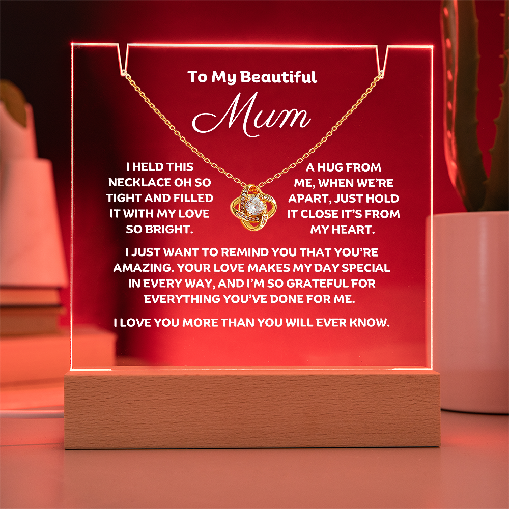 A stunning Square Acrylic and the beautiful Love Knot Necklace for Mum. The beautiful wife heartfelt message is showcased on crystal-clear acrylic, making this set a striking focal point in any space. Paired with the charming Love Knot Necklace.