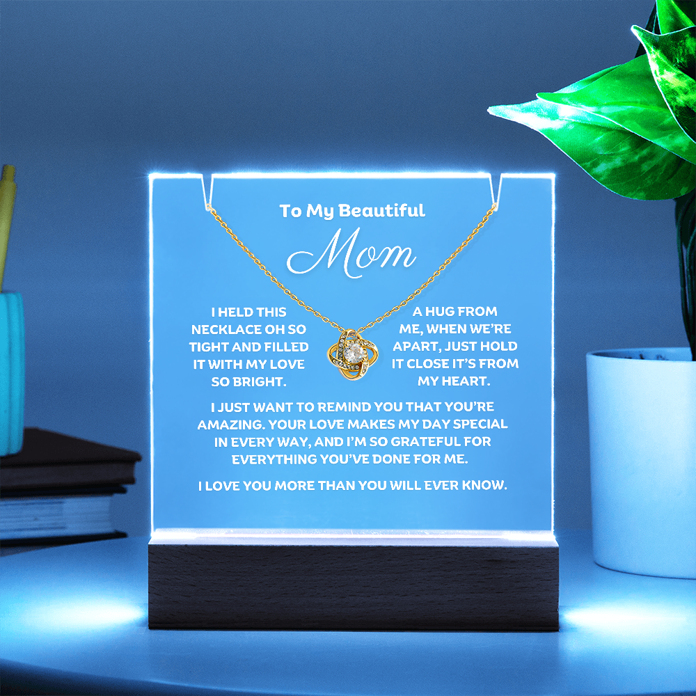 A stunning Square Acrylic and the beautiful Love Knot Necklace for Mom. The beautiful wife heartfelt message is showcased on crystal-clear acrylic, making this set a striking focal point in any space. Paired with the charming Love Knot Necklace.