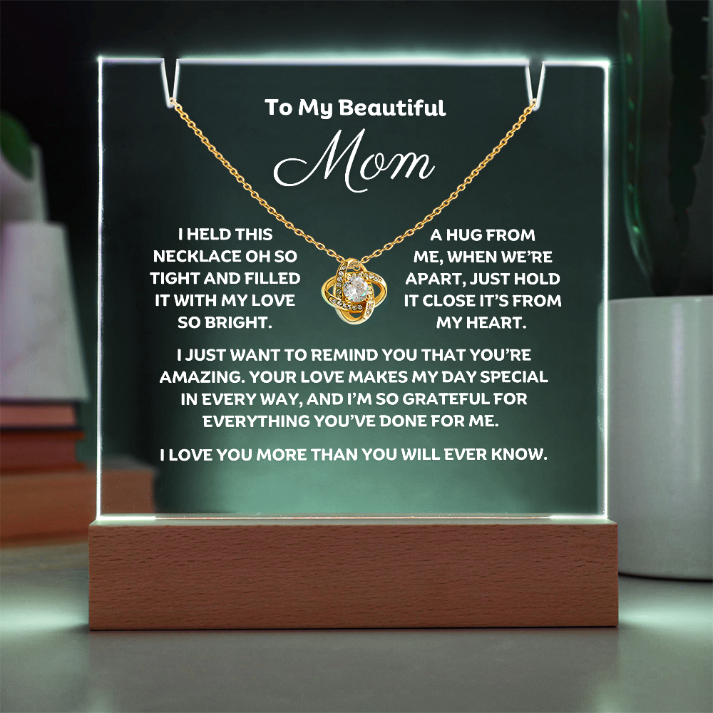 A stunning Square Acrylic and the beautiful Love Knot Necklace for Mom. The beautiful wife heartfelt message is showcased on crystal-clear acrylic, making this set a striking focal point in any space. Paired with the charming Love Knot Necklace.