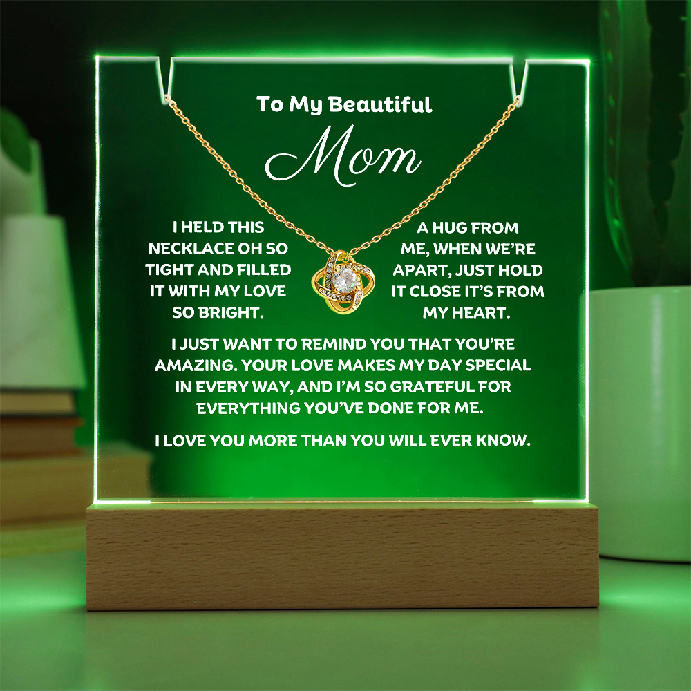 A stunning Square Acrylic and the beautiful Love Knot Necklace for Mom. The beautiful wife heartfelt message is showcased on crystal-clear acrylic, making this set a striking focal point in any space. Paired with the charming Love Knot Necklace.