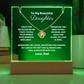 A stunning Square Acrylic and the beautiful Love Knot Necklace for Daughter. The heartfelt message is showcased on crystal-clear acrylic, making this set a striking focal point in any space. 14k white gold over stainless steel or 18k yellow gold over stainless steel with a 6mm round cut cubic zirconia stone.