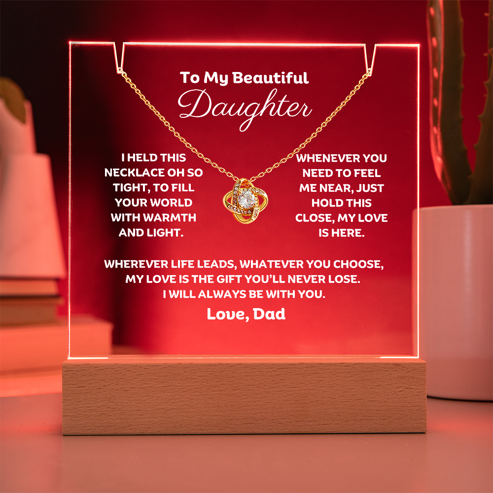A stunning Square Acrylic and the beautiful Love Knot Necklace for Daughter. The heartfelt message is showcased on crystal-clear acrylic, making this set a striking focal point in any space. 14k white gold over stainless steel or 18k yellow gold over stainless steel with a 6mm round cut cubic zirconia stone.