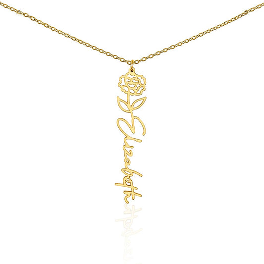 Stylish Birth Flower Name Necklace features a cursive name design suspended on an 18”-20” adjustable cable chain. Your necklace will be custom made upon ordering in the name or word of your choice, with up to 10 characters, and with the birth flower of your choosing. 18k Gold finish.