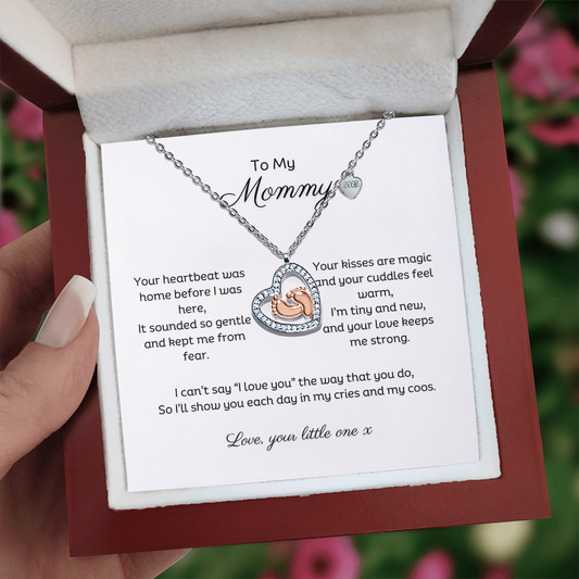 Baby feet heart necklace keepsake message gift for new mom. 