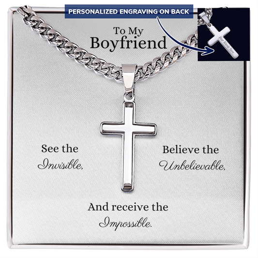 Engraved 18k Gold Cross Necklace On 18k Cuban Chain. To My Son for a Birthday, Graduation or Special Occasion Gift.