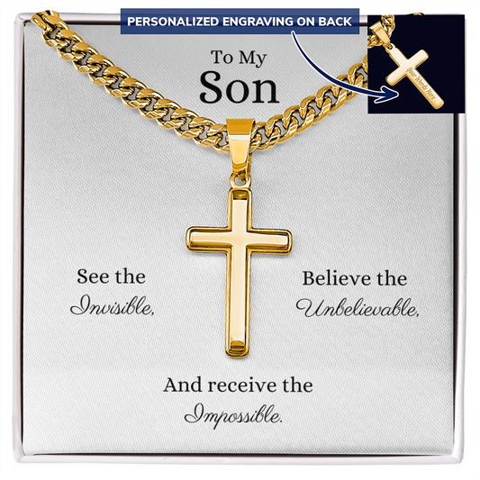 Engraved 18k Gold Cross Necklace On 18k Cuban Chain. To My Son for a Birthday, Graduation or Special Occasion Gift.