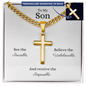 Engraved 18k Gold Cross Necklace On 18k Cuban Chain. To My Son for a Birthday, Graduation or Special Occasion Gift.