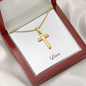 Elegant Artisan Cross Necklace with Snake chain. Complimentary soft touch box for easy gifting or upgrade to the mahogany style luxury box, with a brilliant LED spotlight.