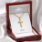 Elegant Artisan Cross Necklace with Snake chain. Complimentary soft touch box for easy gifting or upgrade to the mahogany style luxury box, with a brilliant LED spotlight.