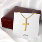 Elegant Artisan Cross Necklace with Snake chain. Complimentary soft touch box for easy gifting or upgrade to the mahogany style luxury box, with a brilliant LED spotlight.