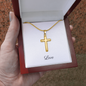 Elegant Artisan Cross Necklace with Snake chain. Complimentary soft touch box for easy gifting or upgrade to the mahogany style luxury box, with a brilliant LED spotlight.