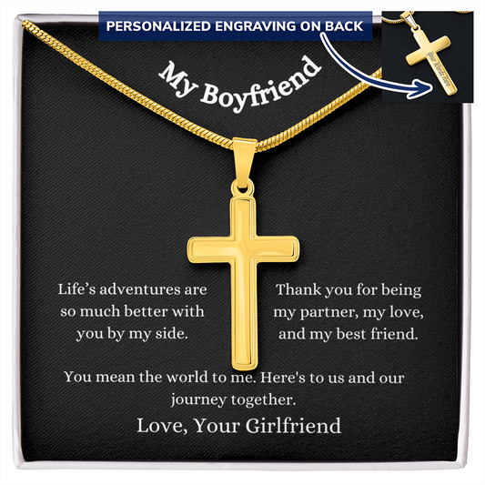 Engraved 18k Gold Cross Necklace on an 18k Snake Chain. My Boyfriend Birthday, Graduation or Special Occasion Gift.