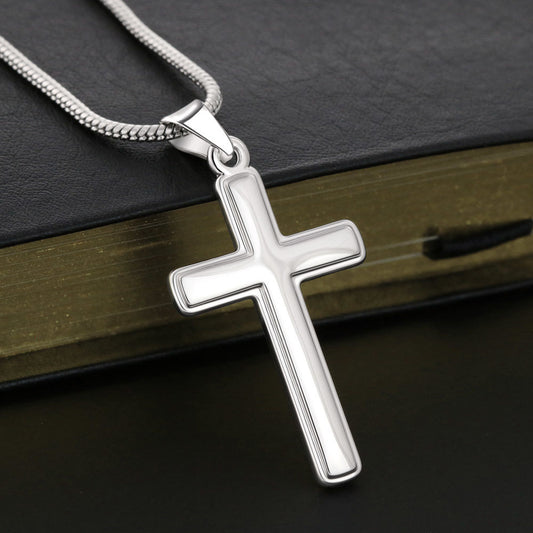 Stunning artisan-crafted Stainless Steel Cross Necklace with Gift box and Message.  Strength, Courage, Grace.  A reminder that you are resilient, worthy and loved. Adjustable snake chain (18" - 22") and attaches with an easy to use lobster clasp.