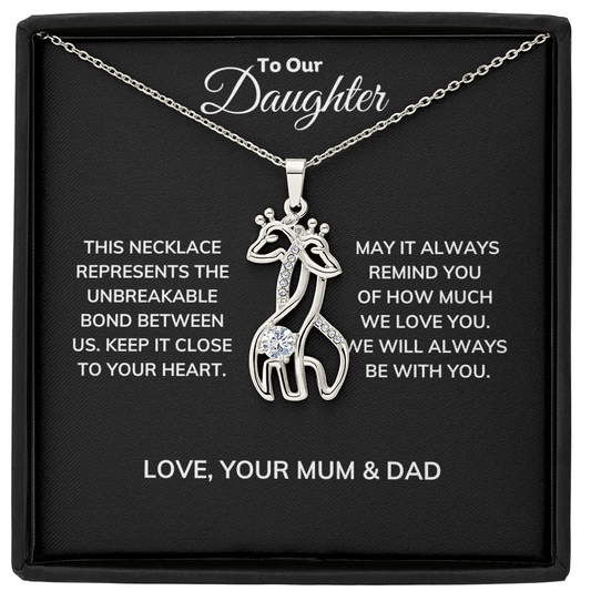 Two Giraffe Necklace, adorned with sparkling cubic zirconia and crafted from either 14k white gold finish or an 18k yellow gold finish. Ideal gift for Daughter with message card from Mum and Dad.