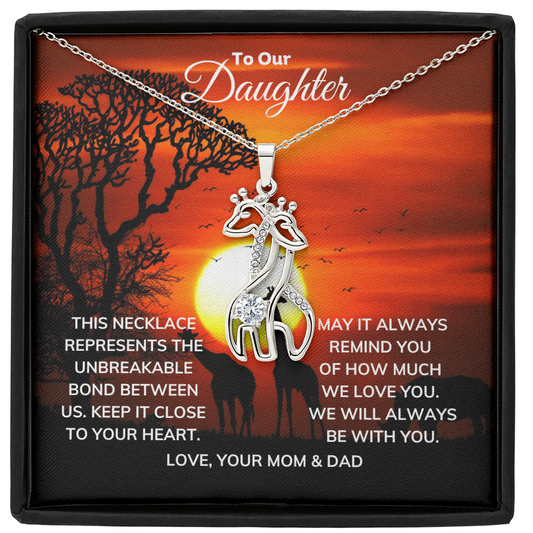 Two Giraffe Necklace, adorned with sparkling cubic zirconia and crafted from either 14k white gold finish or an 18k yellow gold finish. Ideal gift for Daughter with message card from Mom & Dad.