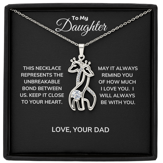 Two Giraffe Necklace, adorned with sparkling cubic zirconia and crafted from either 14k white gold finish or an 18k yellow gold finish. Ideal gift for Daughter with message card from Dad.