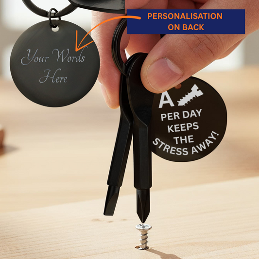 Engraved keychain screwdriver for your guy or gal with flathead and Philips. Message reads A screw per day keeps your stress away. Add your own engraved message on the back. Colour Black or Silver.