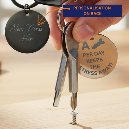 Engraved keychain screwdriver for your guy or gal with flathead and Philips. Message reads A screw per day keeps your stress away. Add your own engraved message on the back. Colour Black or Silver.