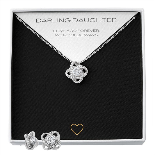 14k Daughter Love Knot Earring & Necklace Cubic Zirconia Set