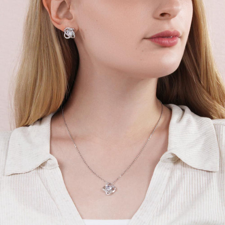 14k Daughter Love Knot Earring & Necklace Cubic Zirconia Set