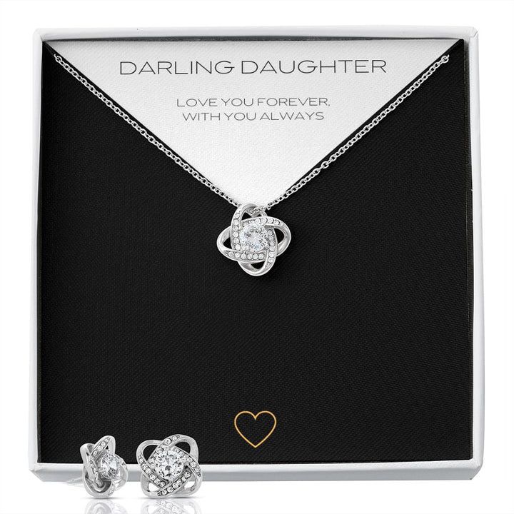 14k Daughter Love Knot Earring & Necklace Cubic Zirconia Set