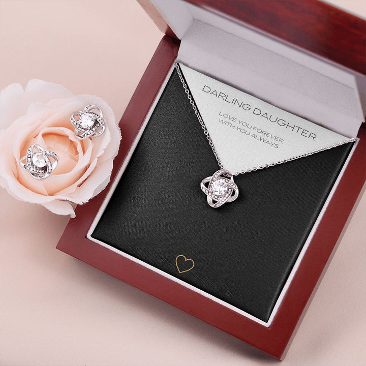 14k Daughter Love Knot Earring & Necklace Cubic Zirconia Set