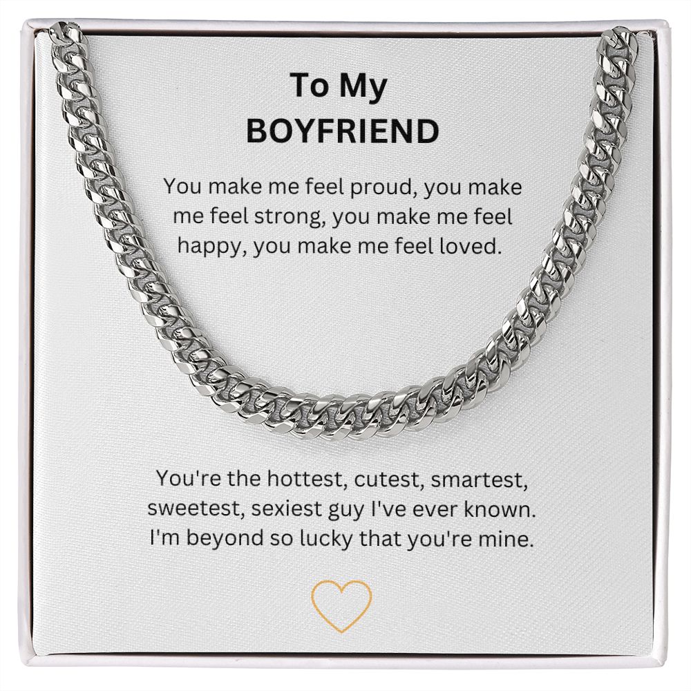 Trendy mens cuban link chain necklace. Available in polished stainless steel or 14K yellow gold makes the perfect gift for the man in your life. A romantic jewellery gift, birthday, for someone special, your man, your love, best friend, soulmate, boyfriend or partner.