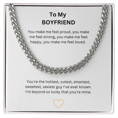 Trendy mens cuban link chain necklace. Available in polished stainless steel or 14K yellow gold makes the perfect gift for the man in your life. A romantic jewellery gift, birthday, for someone special, your man, your love, best friend, soulmate, boyfriend or partner.