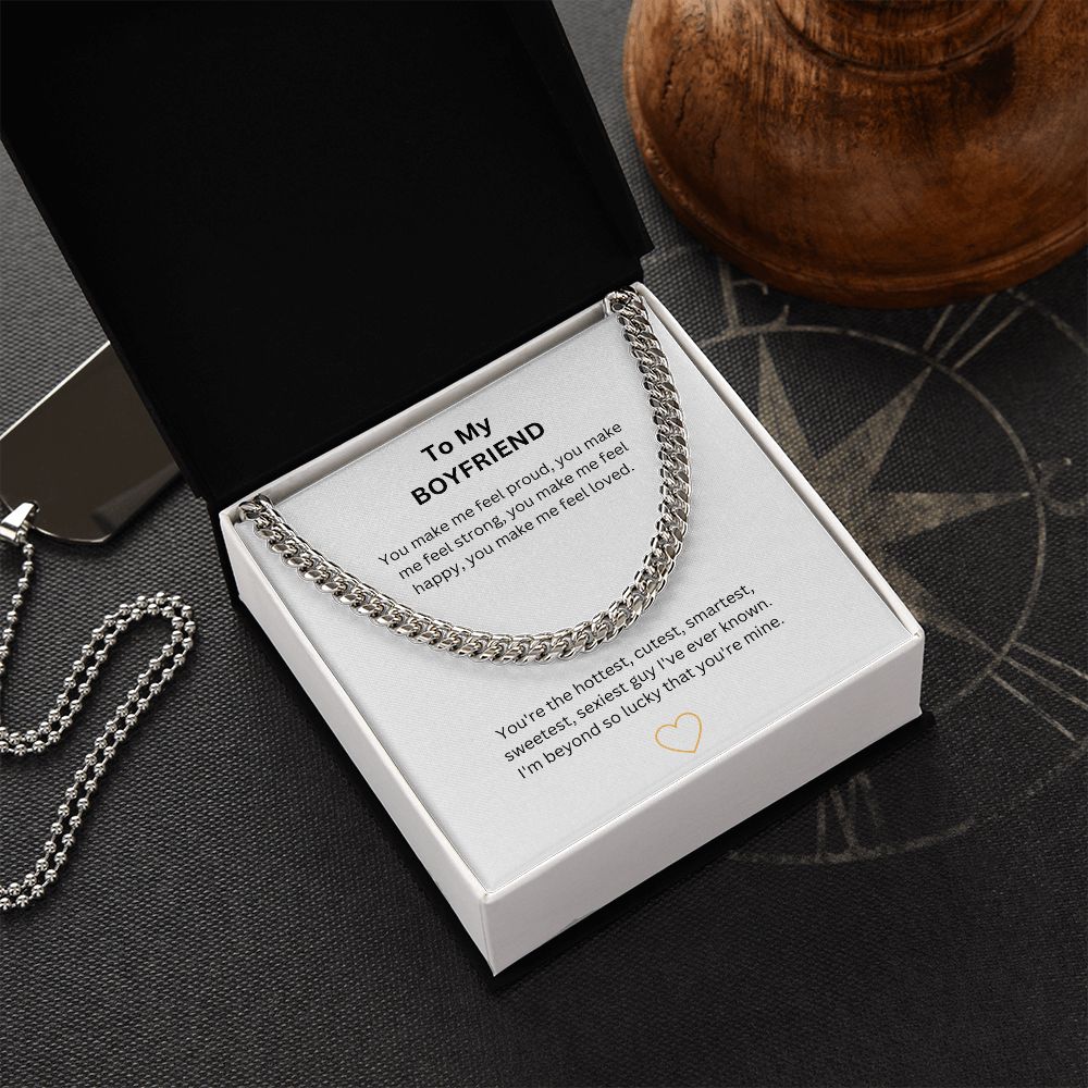Trendy mens cuban link chain necklace. Available in polished stainless steel or 14K yellow gold makes the perfect gift for the man in your life. A romantic jewellery gift, birthday, for someone special, your man, your love, best friend, soulmate, boyfriend or partner.