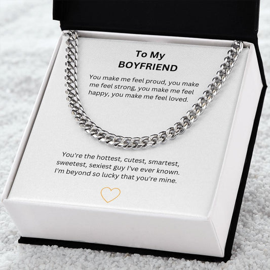Trendy mens cuban link chain necklace. Available in polished stainless steel or 14K yellow gold makes the perfect gift for the man in your life. A romantic jewellery gift, birthday, for someone special, your man, your love, best friend, soulmate, boyfriend or partner.