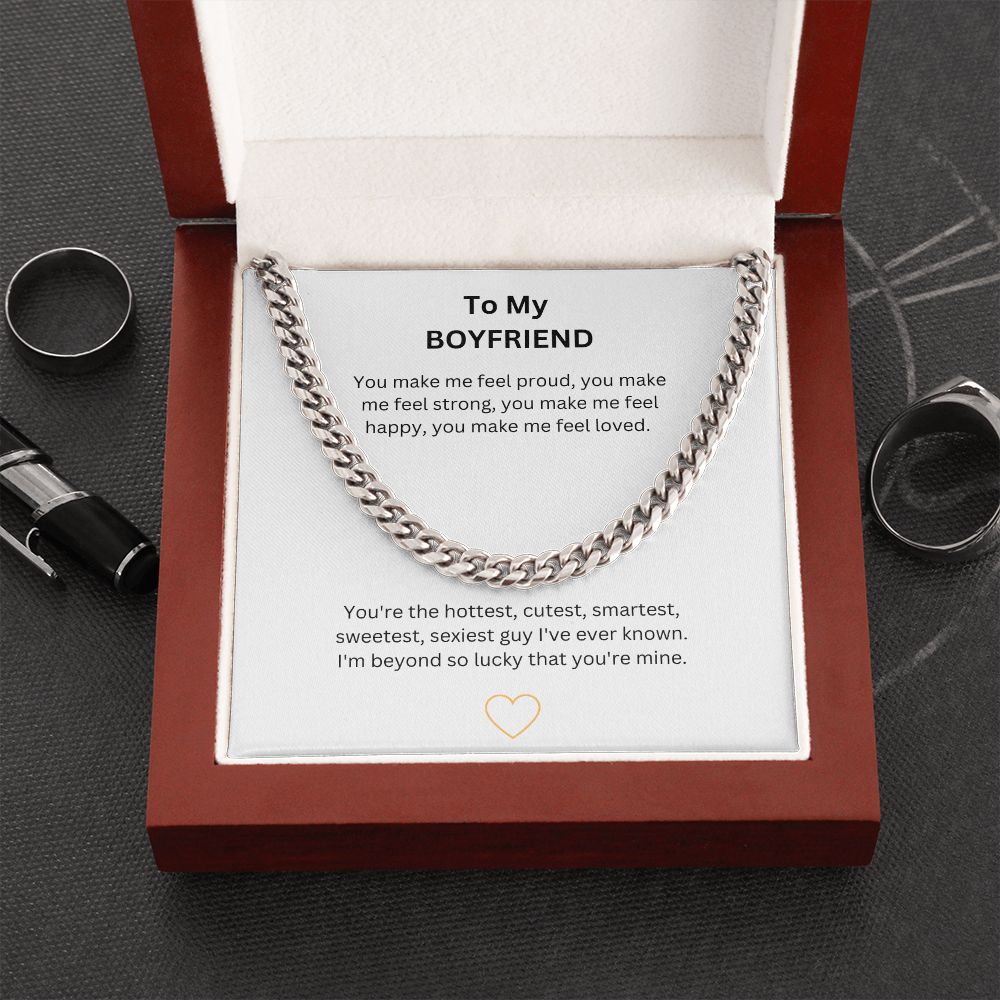 Trendy mens cuban link chain necklace. Available in polished stainless steel or 14K yellow gold makes the perfect gift for the man in your life. A romantic jewellery gift, birthday, for someone special, your man, your love, best friend, soulmate, boyfriend or partner.