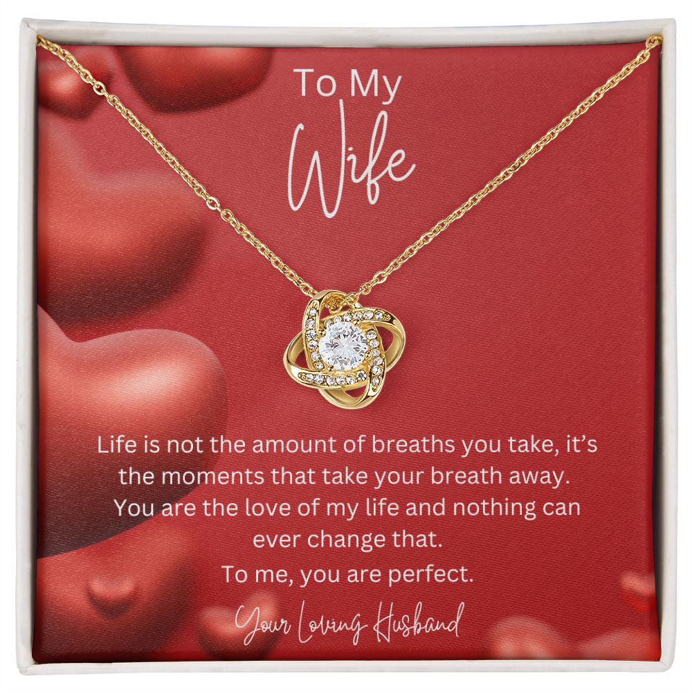 To My Wife Love Knot Necklace features a beautiful pendant embellished with premium cubic zirconia crystals. 14k white gold over stainless steel or 18k yellow gold over stainless steel with a heartfelt message card.
